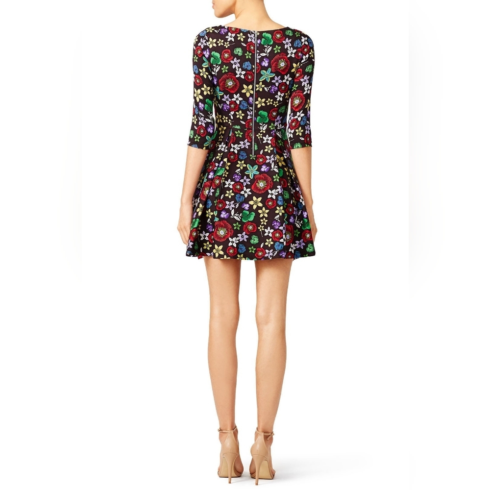 SUNO Stretch-Silk Multicolor Floral Fit-&-Flare Quarter Sleeve Mini Dress- 4 - Picture 3 of 15